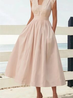 Women’s Pink V-Neck Midi Dress with Lace Trim #159